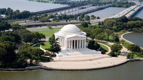 Aerial view of the Thomas Jefferson Memorial next to the Tidal Basin
