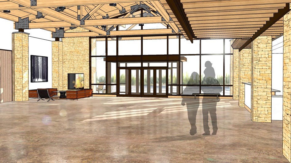 Concept drawing of visitors walking in a renovated hotel lobby 
