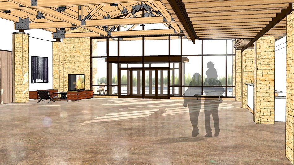 Concept drawing of visitors walking in a renovated hotel lobby