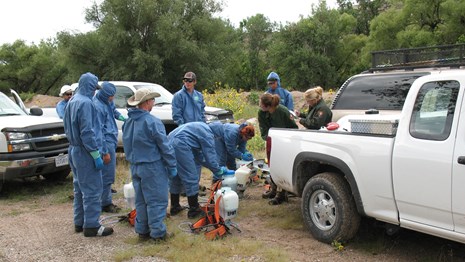 group of workers examine equipment next to a pick up truck 