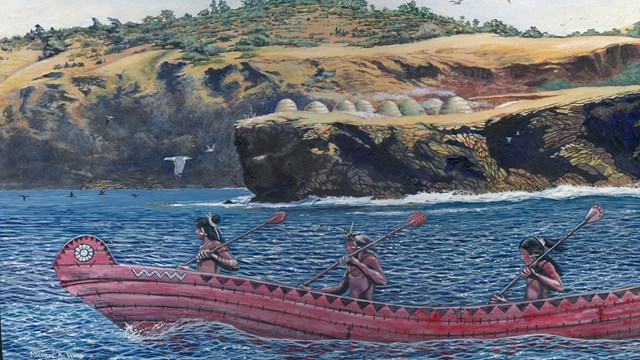 Painting of Chumash paddling a tomol near the islands.