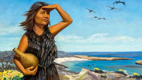 Painting of the Lone Woman overlooking Corral Harbor on San Nicolas Island