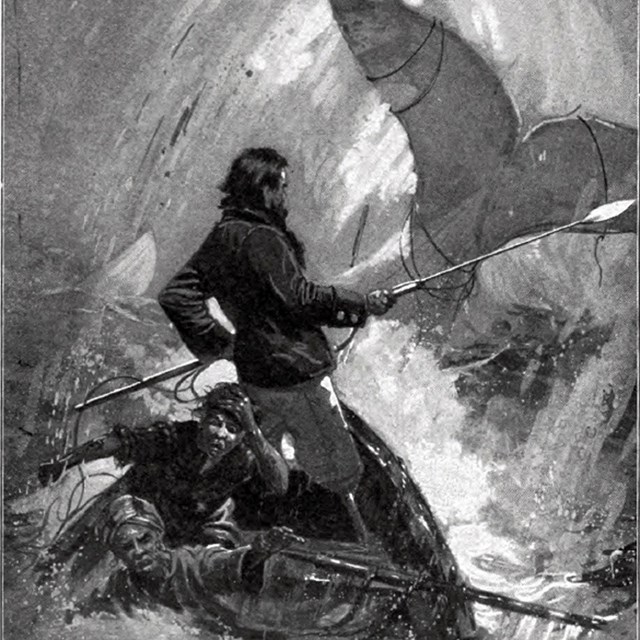 Drawing of men hunting a whale.