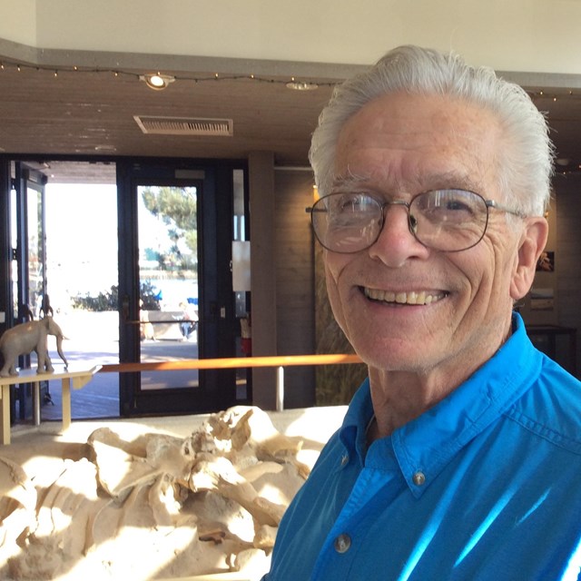 Man in blue shirt and glasses standing next to pygmy mammoth display.