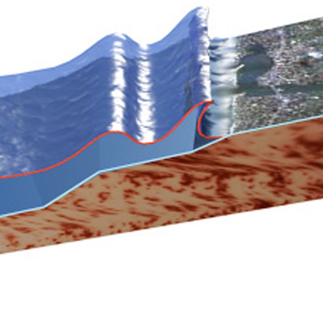 Drawing of tsunami wave crashing onshore. 