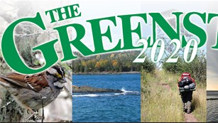 Multiple photos of wildlife, plants, and people on Isle Royale with the words 