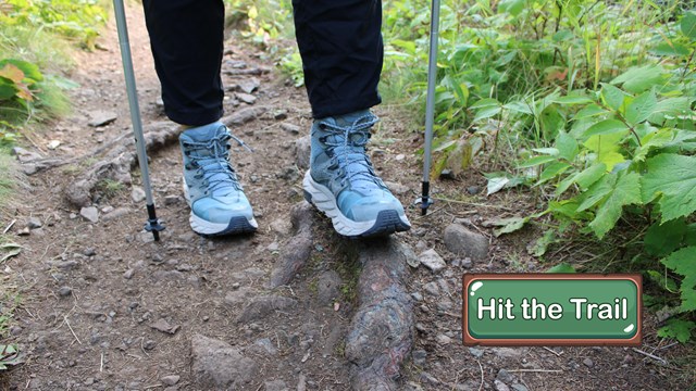 Close up of a person's feet, wearing blue hiking boots.