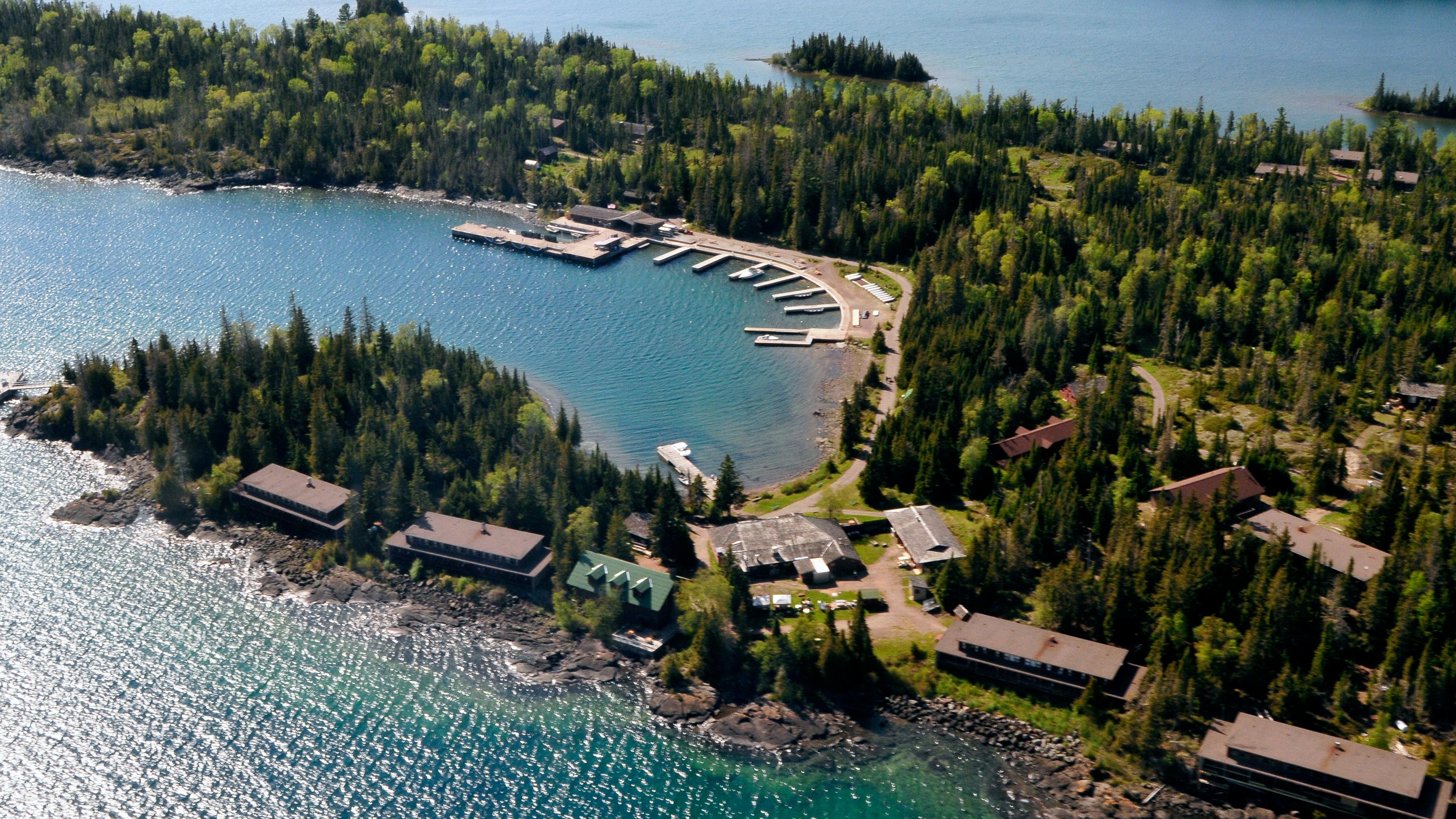 Aerial view of the Rock Harbor Lodge complex.