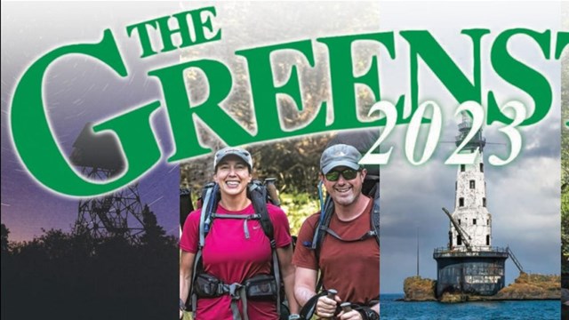 Collage of boats, kids diving, a sunset, kids hiking, and a tent with Greenstone 2021 superimposed.
