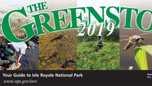 Multiple photos of wildlife, plants, and people on Isle Royale with the words
