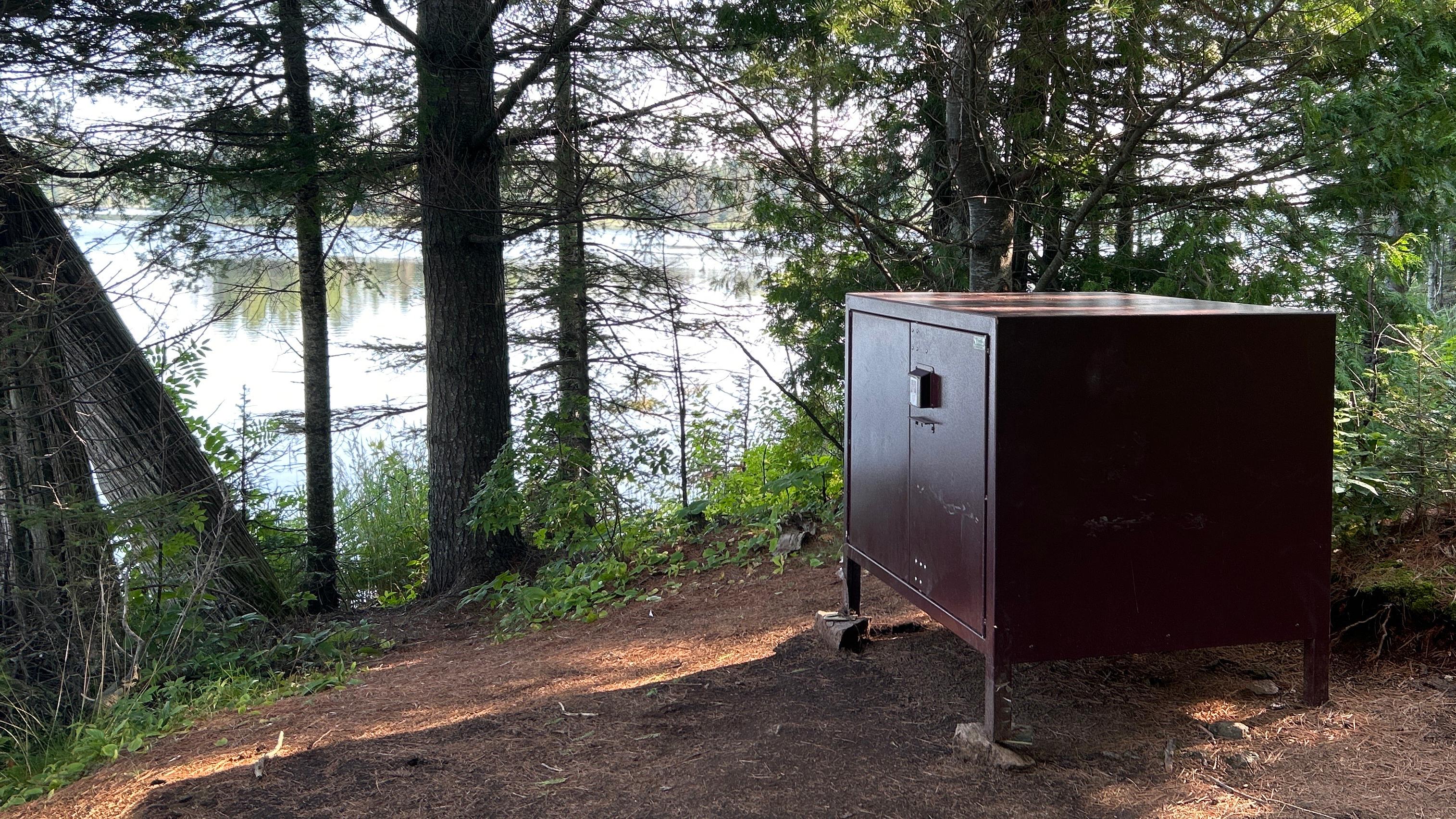 A large, brown, metal box in the woods next to a lake.
