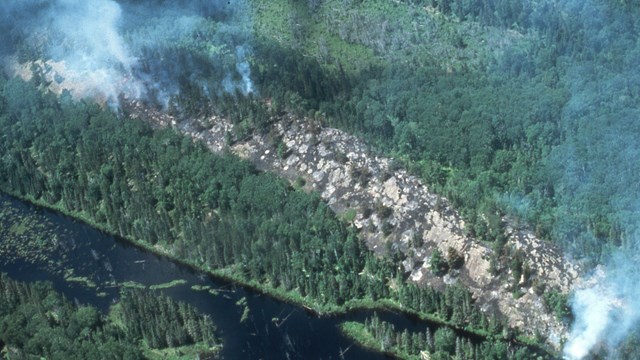Aerial view of smoke rising over a forest.