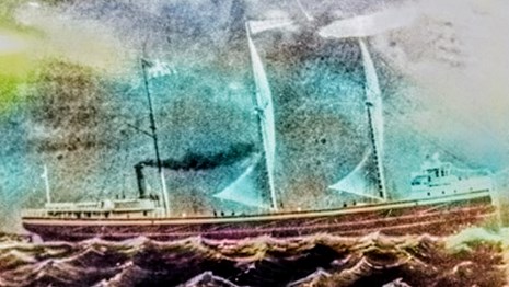 artist's rendering of the SS Henry Chisholm navigating wavy seas