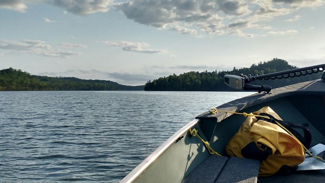 View of trees and water from inside a motorboat with part of the boat visible in the corner.