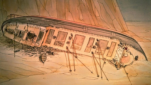 sketch of the SS Kamloops overturned on lake bottom
