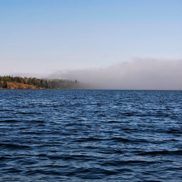 fog rolling onto the island off of Lake Superior