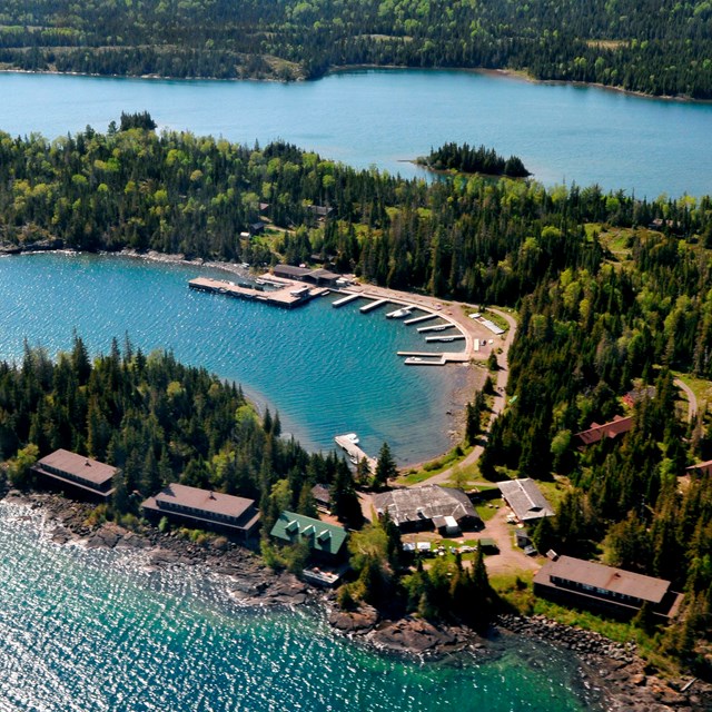 Aerial view of the Rock Harbor Lodge complex.
