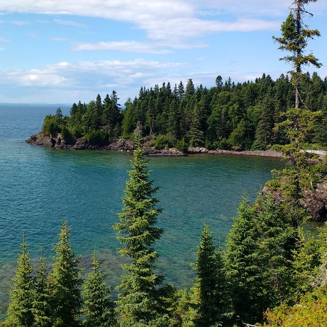 Isle Royale shoreline scenery. The Forest shoreline wraps around Lake Superior, North Gap.