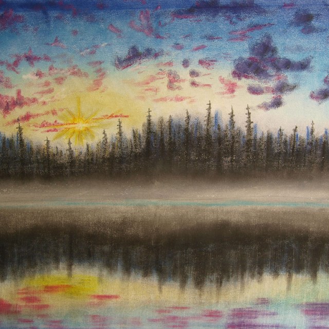 A chalk pastel painting of a misty sunrise on Isle Royale.