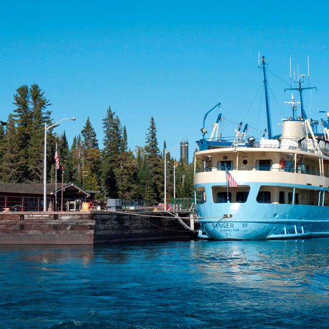 Isle Royale's ferry, the Ranger III, docked at Rock Harbor. 