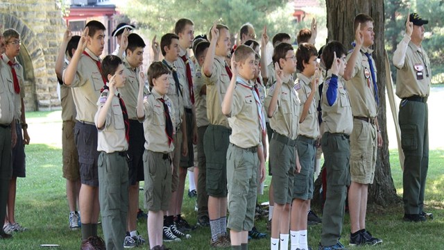 Group of boy scouts on grounds at Garfield home