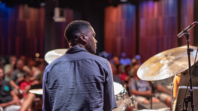 Peter Varnado on drums performing at New Orleans Jazz Museum