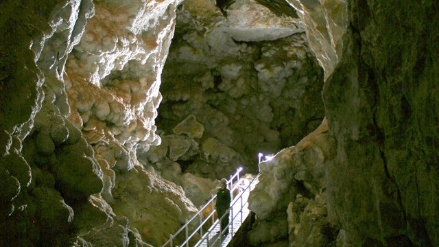 Inside a large chamber of Jewel Cave along the Scenic Tour route.