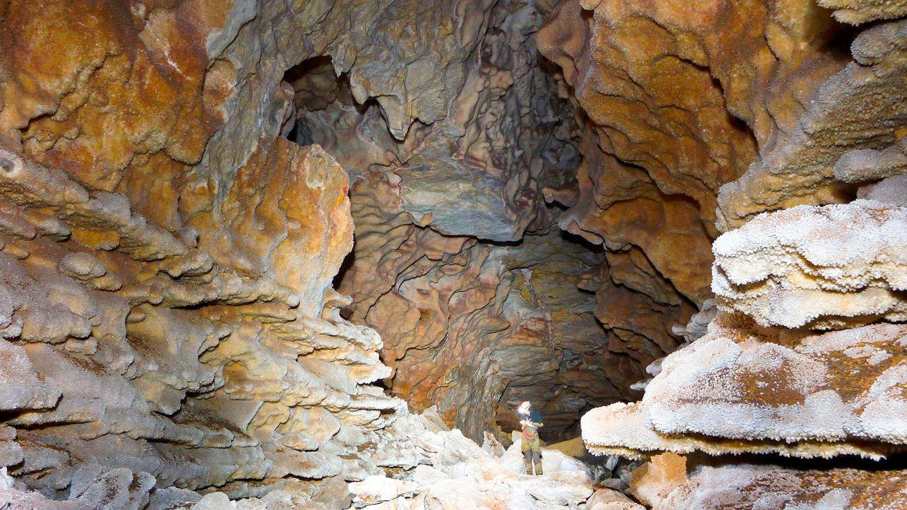 A person standing in a very large passage in Jewel Cave