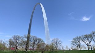 The Gateway Arch, green grass, trees and a dark blue refection pond in the foreground.