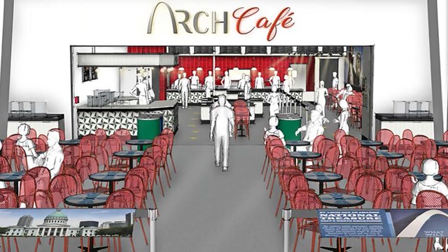 An artist's rendering of the café at the Gateway Arch