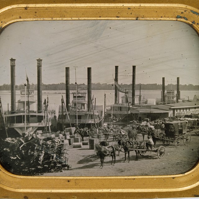 black and white photo of four steamboats on the Mississippi River with people walking on the shore.