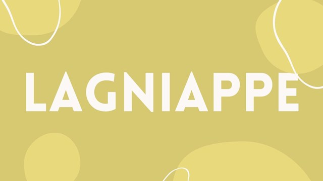Yellow background with light yellow blobs. White text in the center says "LAGNIAPPE".