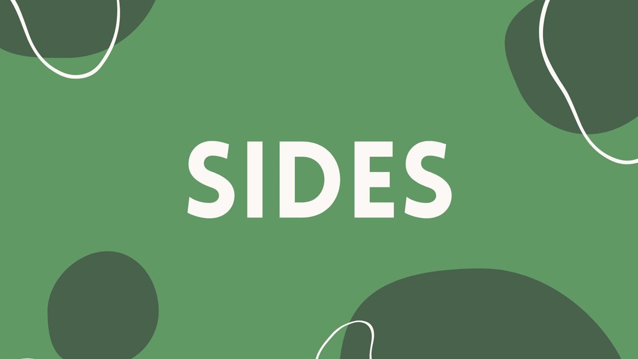 Green background with dark green blobs. White text in the center says "SIDES".