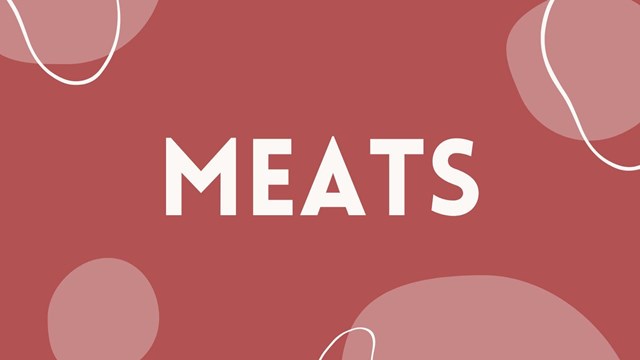 Red background with light red blobs. White text in the center says "MEATS".