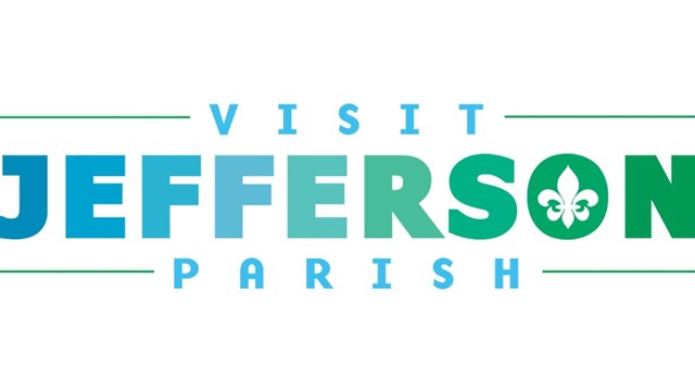 Blue and green text says "VISIT JEFFERSON PARISH". The "O" in Jefferson has a white fleur de lis.