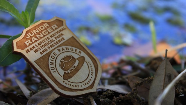 A wooden junior ranger badge sits next to reflective water.