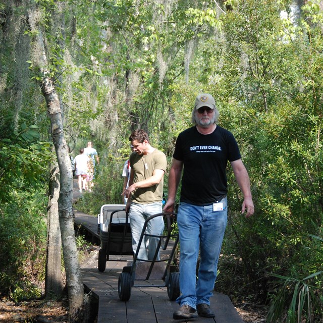 Outside among trees. Man pulls a cart.