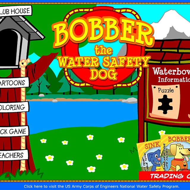illustration of a dog house in a tree alongside a bulletin board and life raft