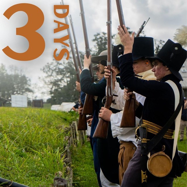 Line of men in period clothing holding up muskets, text says 