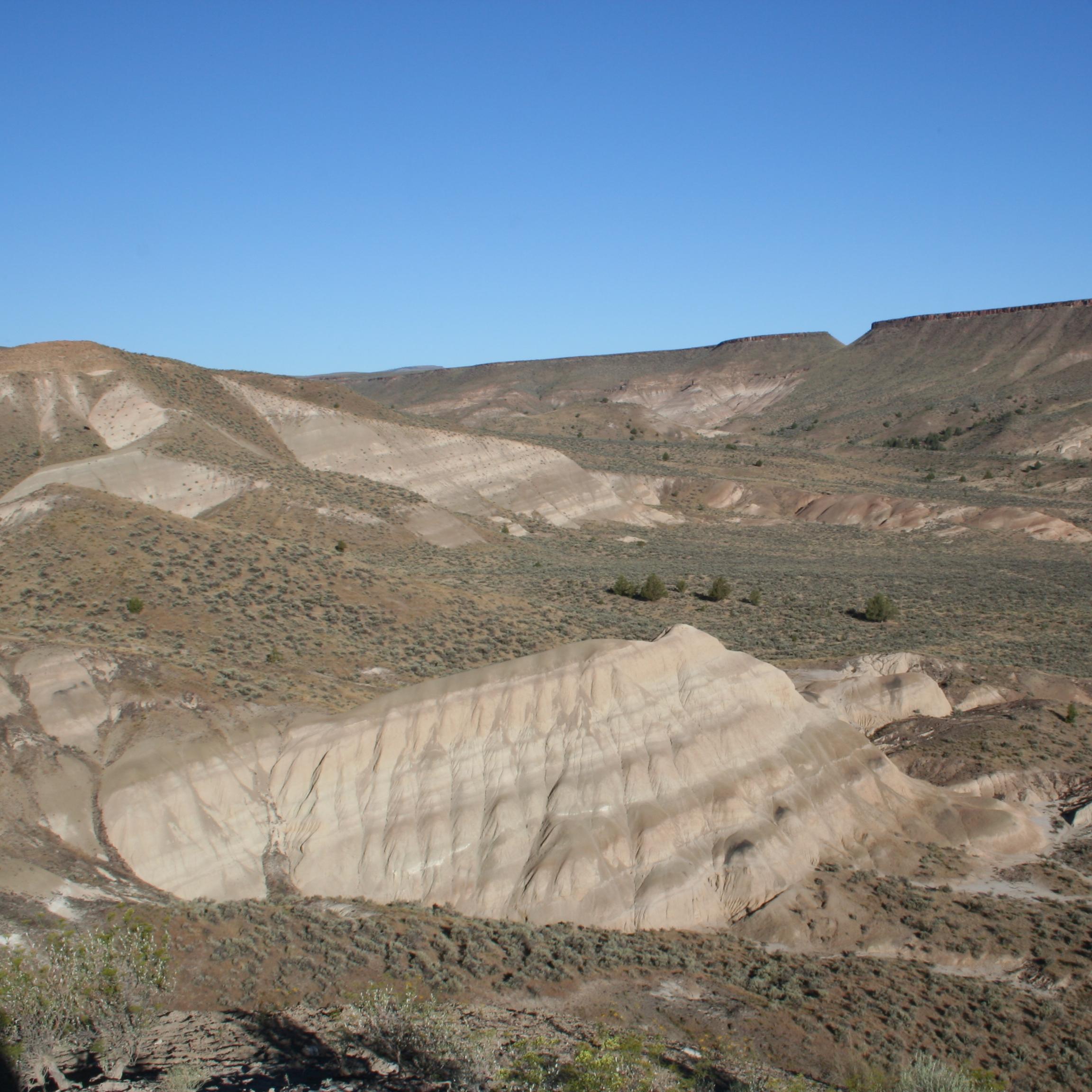 Looking down from a hiking trail to tan geologic formations