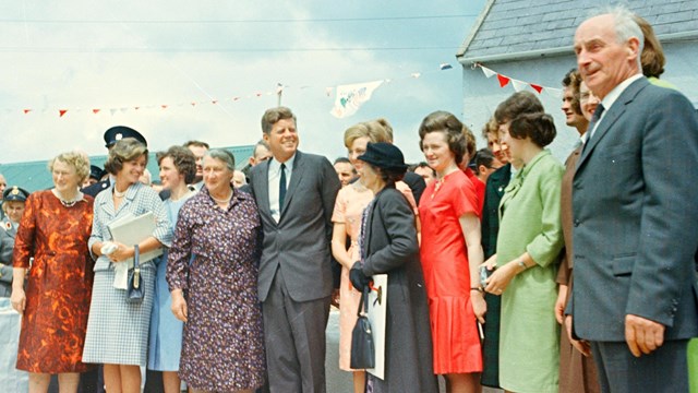 Photograph of President Kennedy in Ireland with relatives in Ireland in 1963.