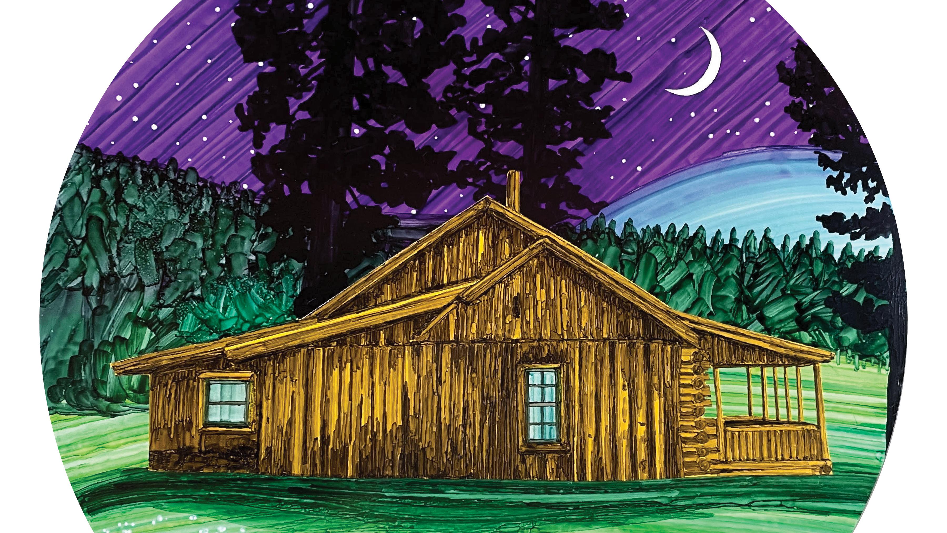 An artwork depicting a brown cabin on green grass with trees and a purple sky behind it.