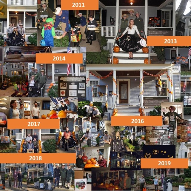 A collage of halloween photos from past years. Lots of rangers and children