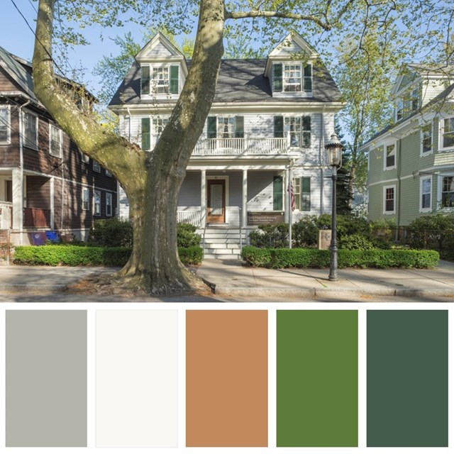 Grey 2 story house on top of image. bottom is 5 color swatches; grey, white, brown, & 2 greens