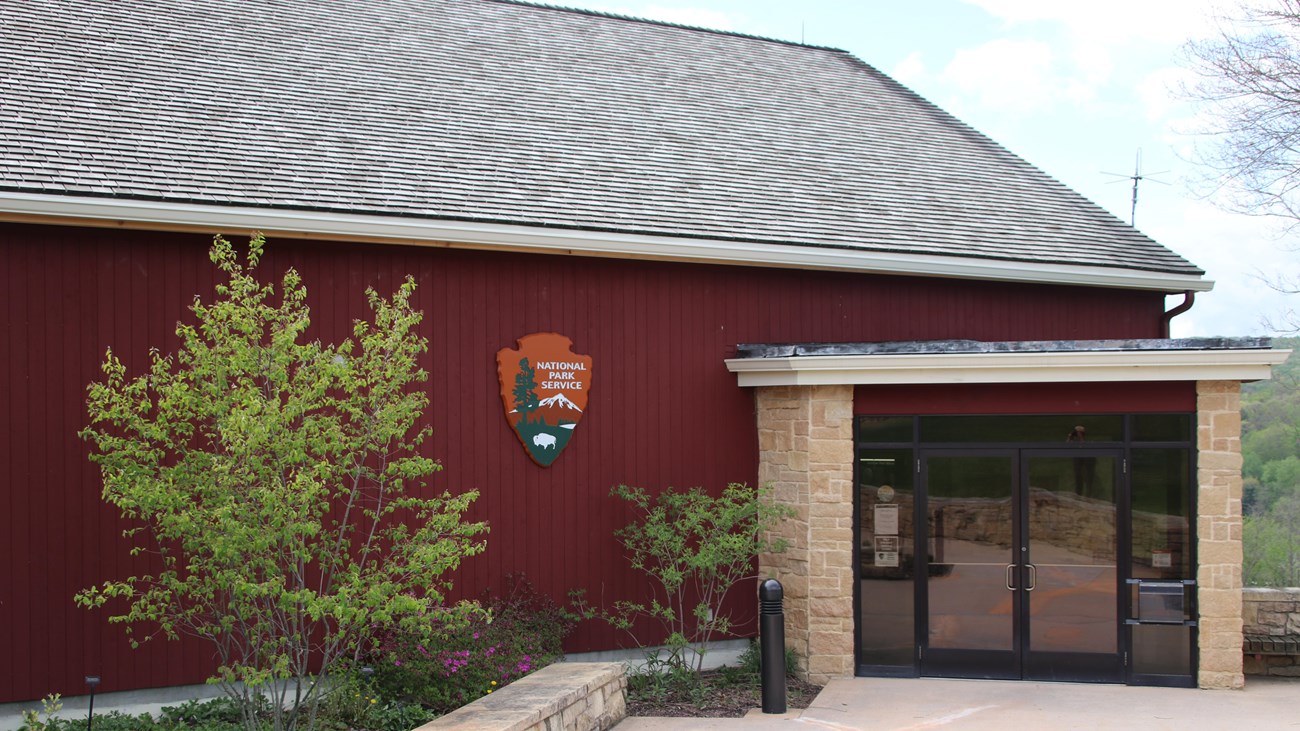 A red barn building.