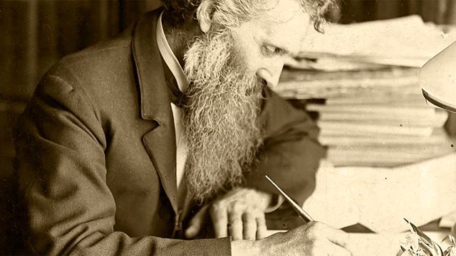 An older John Muir is writing at his desk. 