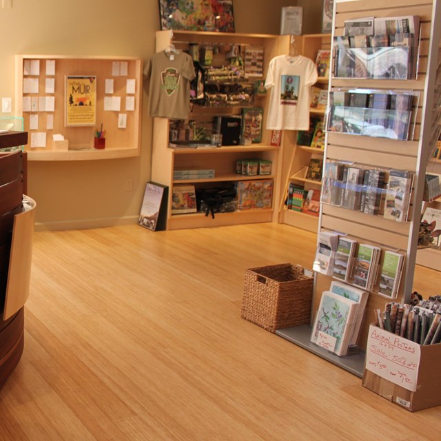 A tall front desk for sales with bookshelves in the background. Lots of books, and objects. 