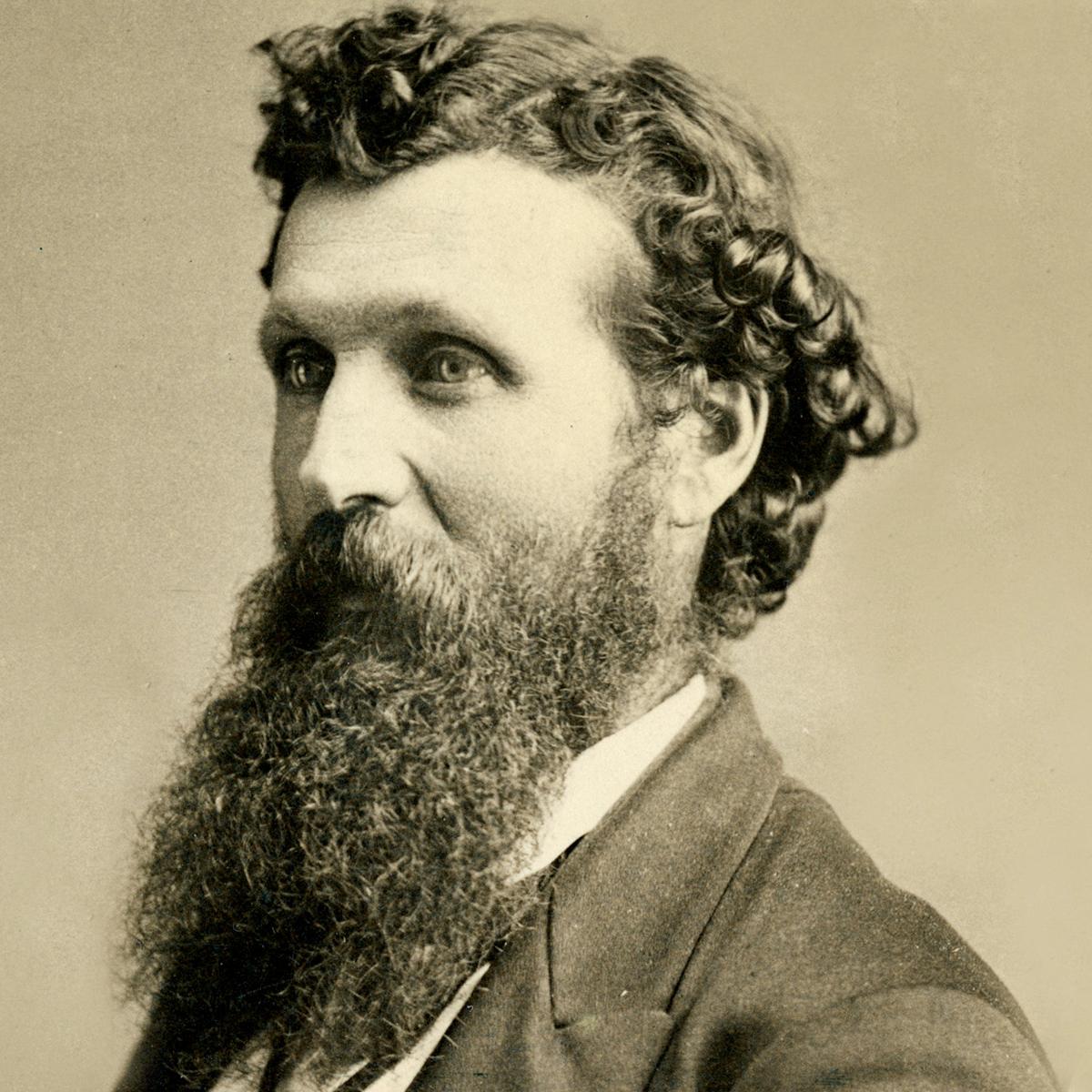 A middle-aged man with a long beard is wearing a suite and posing for a photograph. 