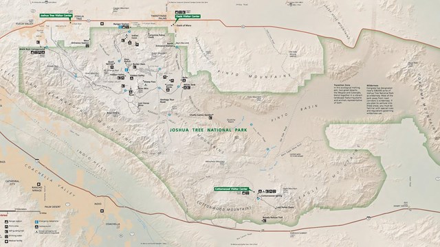 Joshua Tree National Park map showing the park boundary, paved and dirt roads, hiking trails, and t