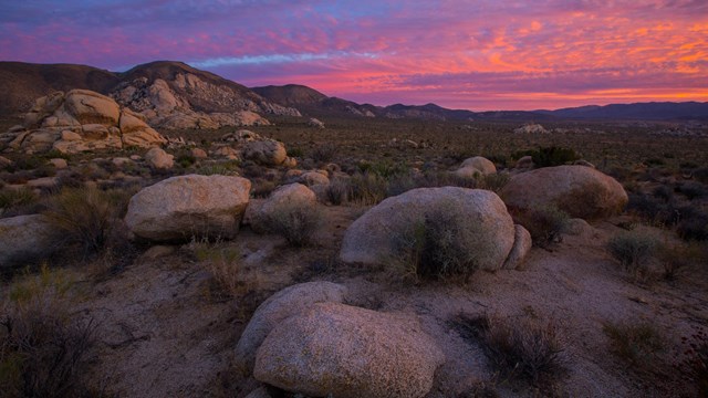 Color photo of vibrant sunset colors in the clouds with monzogranite boulders in the foreground.